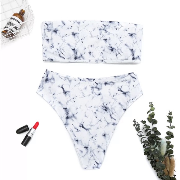 215. marble high waist bandeau swimsuit - Picture 5 of 6